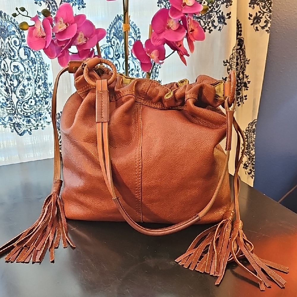 Vintage Lucky Brand Leather Drawstring Bag with Tassels
